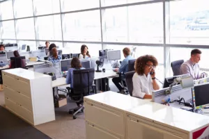 Office environment with several people working at computers, while one person is on the phone, showing a collaborative workspace with multiple employees.