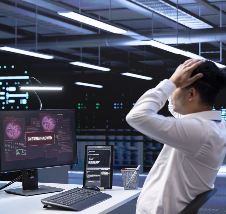 close up data center employee stressed by security breach alert