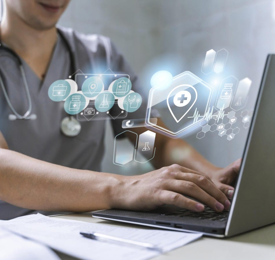 medical banner with doctor working laptop