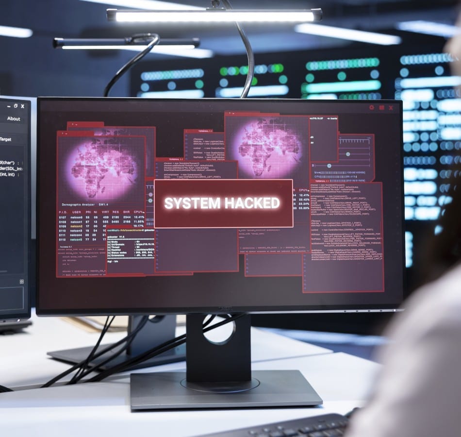 computer monitor showing hacked system alert message