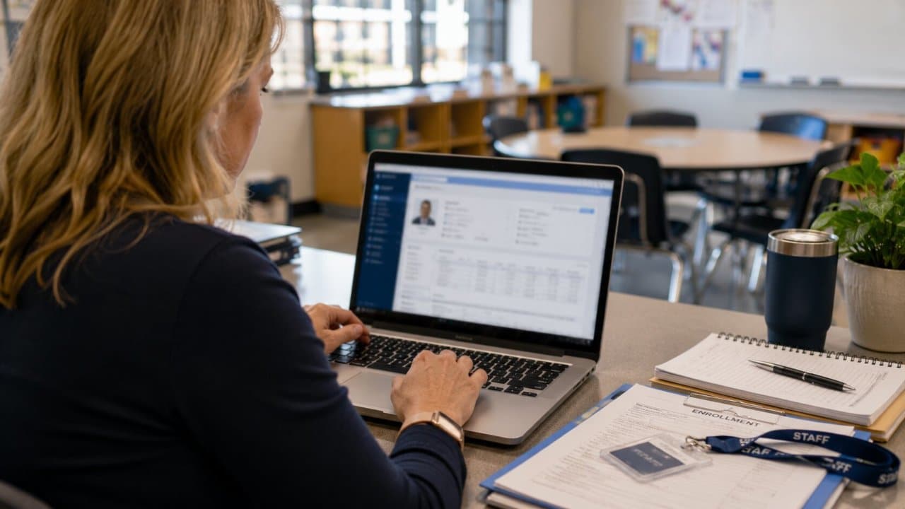 school administrator searching student data and using student learning systems school administrator searching student data and using student learning systems