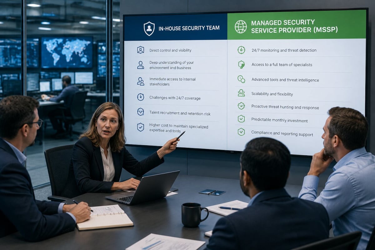 mssp vs in house security team coverage comparison MSSP vs in-house security team comparison showing differences in 24/7 monitoring, threat detection, incident response, compliance support, and security expertise.