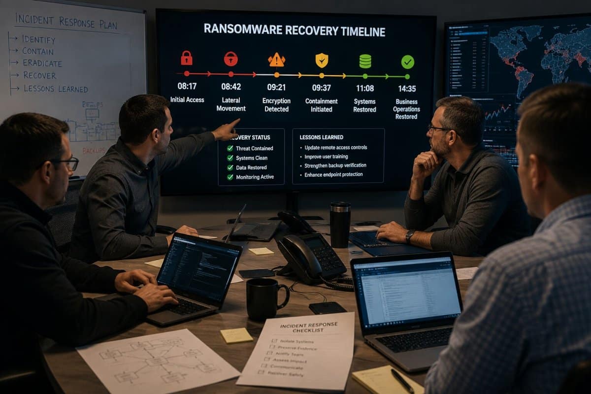 ransomware recovery timeline incident response containment Ransomware recovery timeline showing detection, containment, investigation, and system restoration after a ransomware attack