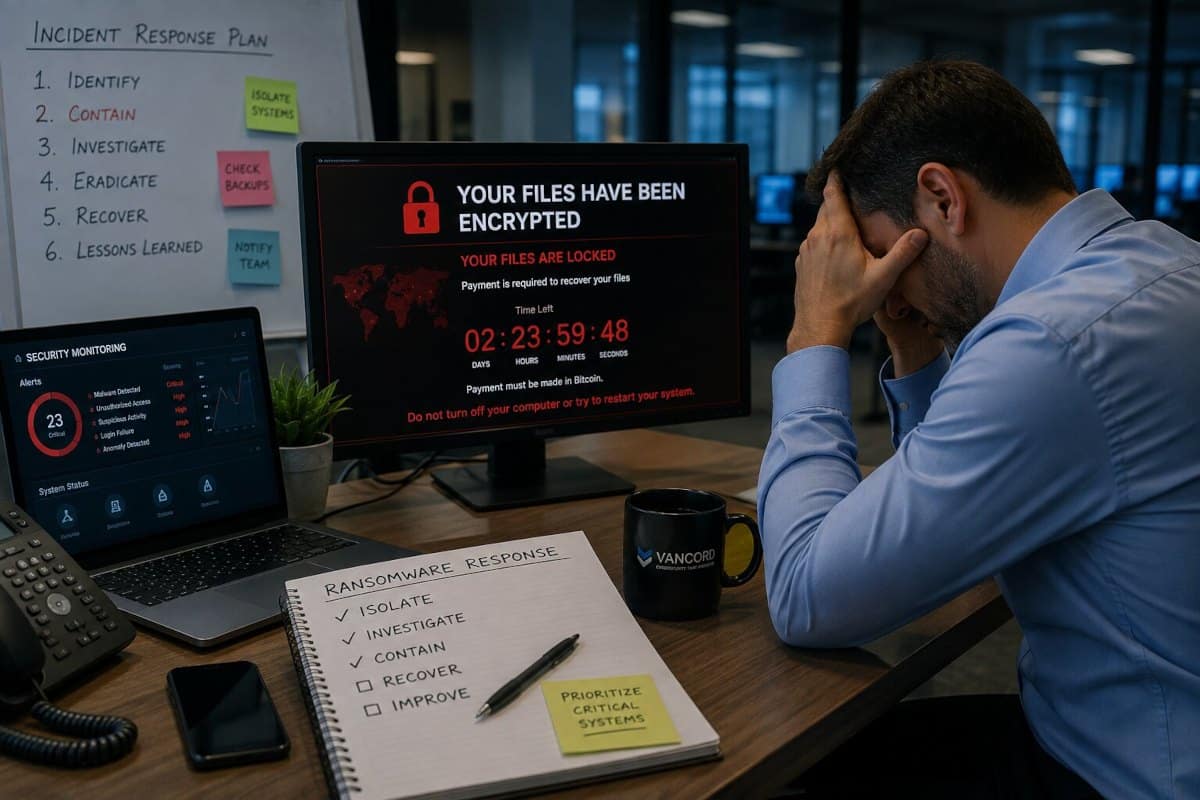 ransomware response small mid size businesses encrypted files Ransomware attack showing encrypted files and ransom note on a computer used by a small or mid-size business
